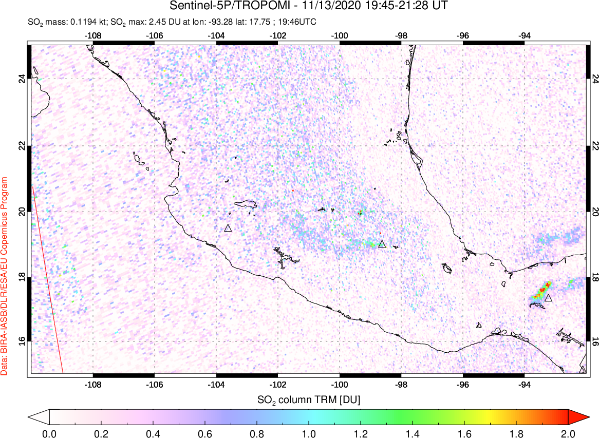 A sulfur dioxide image over Mexico on Nov 13, 2020.
