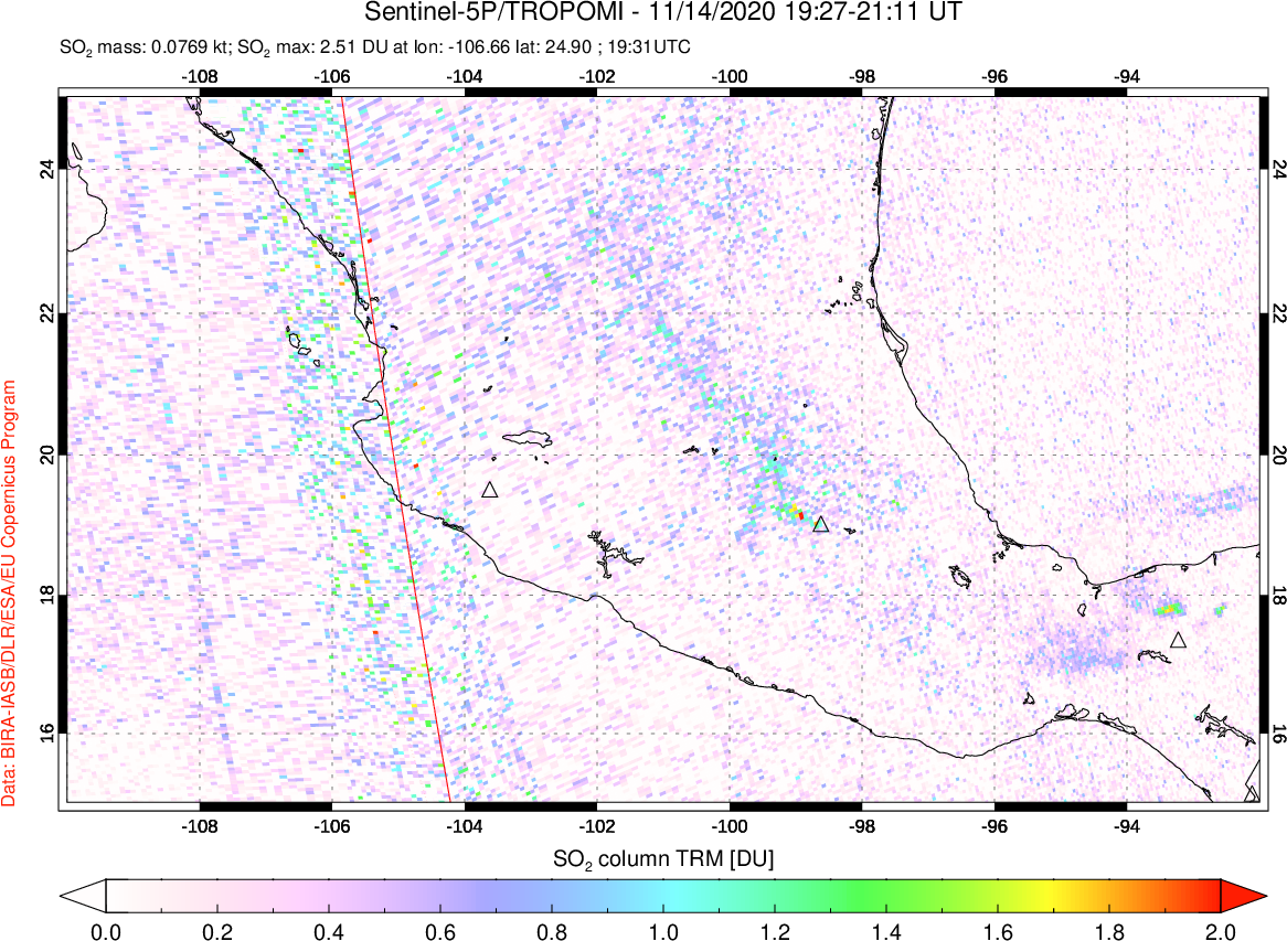 A sulfur dioxide image over Mexico on Nov 14, 2020.