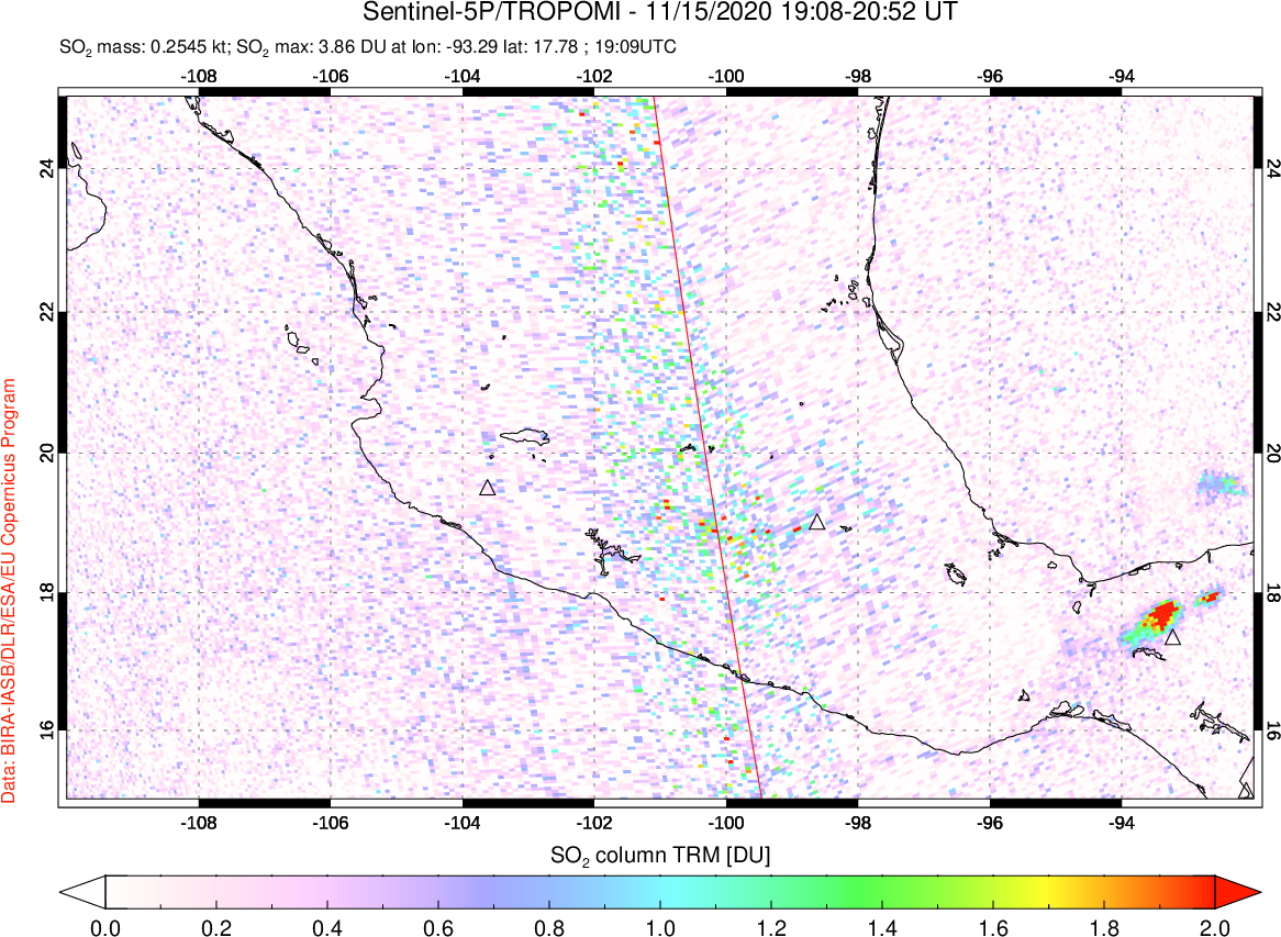 A sulfur dioxide image over Mexico on Nov 15, 2020.