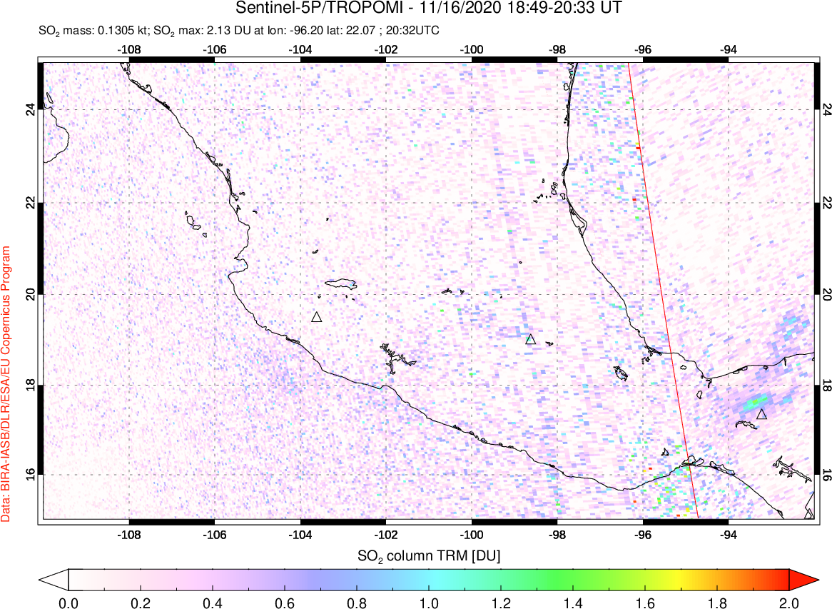 A sulfur dioxide image over Mexico on Nov 16, 2020.