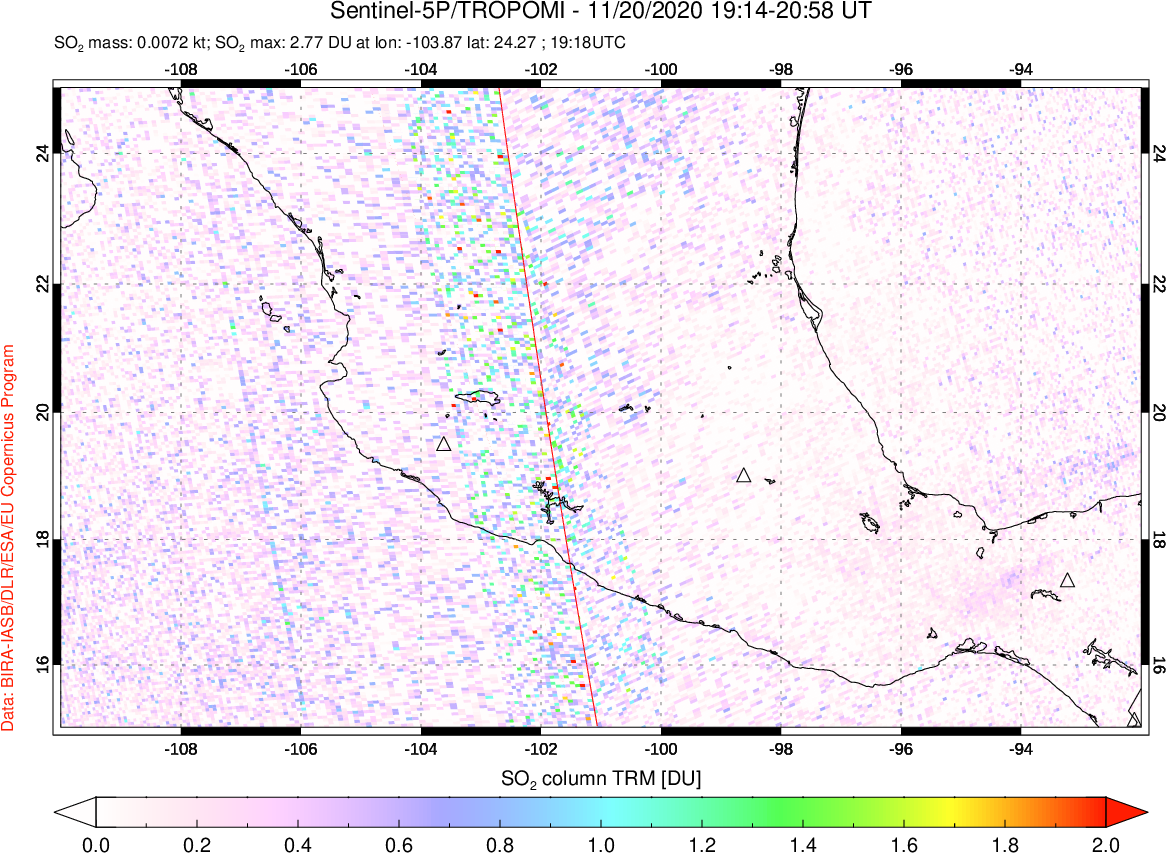 A sulfur dioxide image over Mexico on Nov 20, 2020.