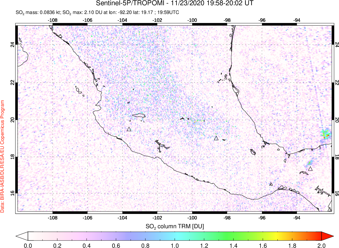 A sulfur dioxide image over Mexico on Nov 23, 2020.