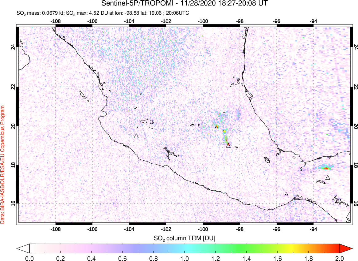 A sulfur dioxide image over Mexico on Nov 28, 2020.