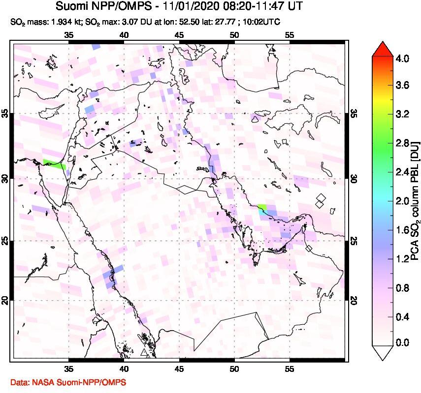 A sulfur dioxide image over Middle East on Nov 01, 2020.