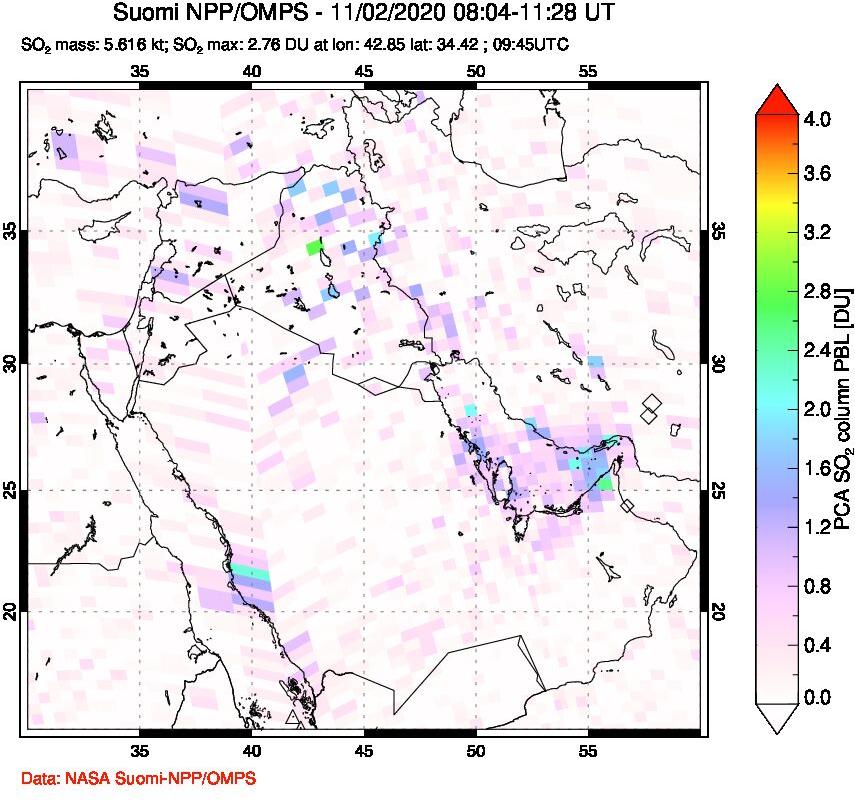 A sulfur dioxide image over Middle East on Nov 02, 2020.