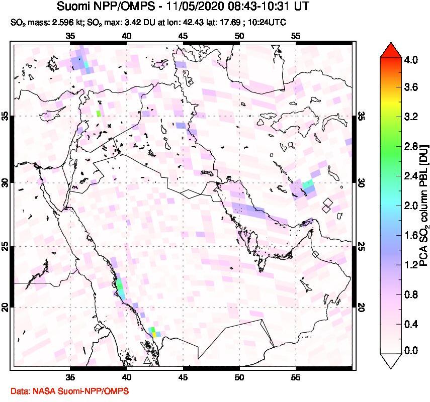 A sulfur dioxide image over Middle East on Nov 05, 2020.