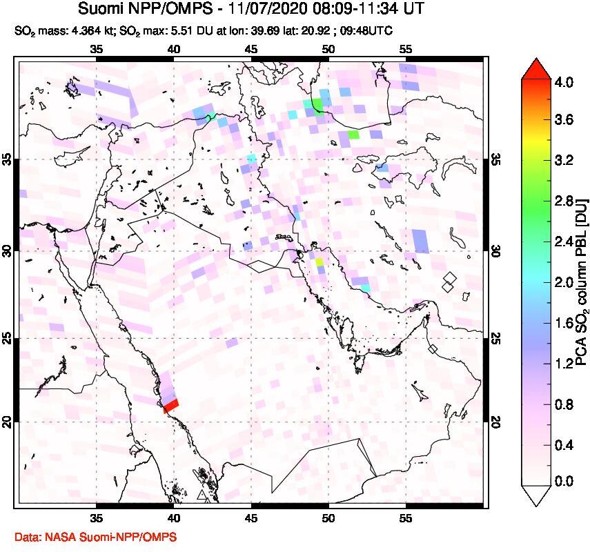 A sulfur dioxide image over Middle East on Nov 07, 2020.
