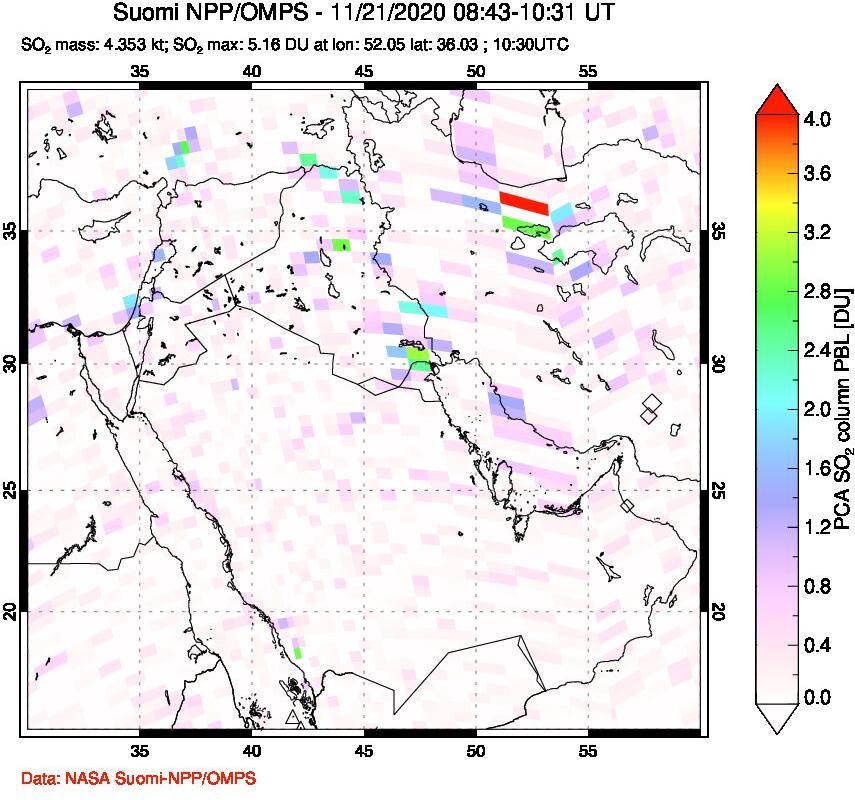 A sulfur dioxide image over Middle East on Nov 21, 2020.