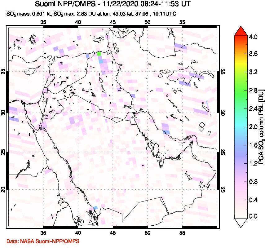 A sulfur dioxide image over Middle East on Nov 22, 2020.