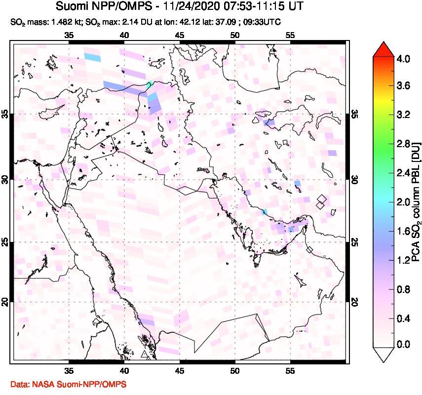 A sulfur dioxide image over Middle East on Nov 24, 2020.