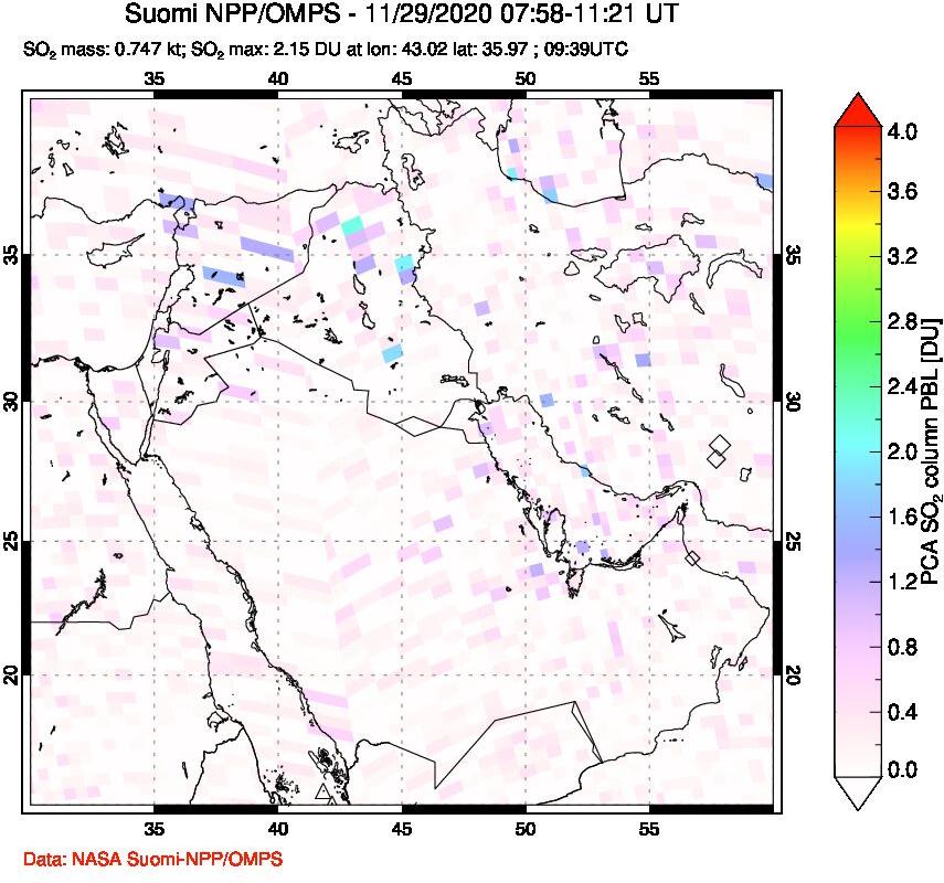 A sulfur dioxide image over Middle East on Nov 29, 2020.