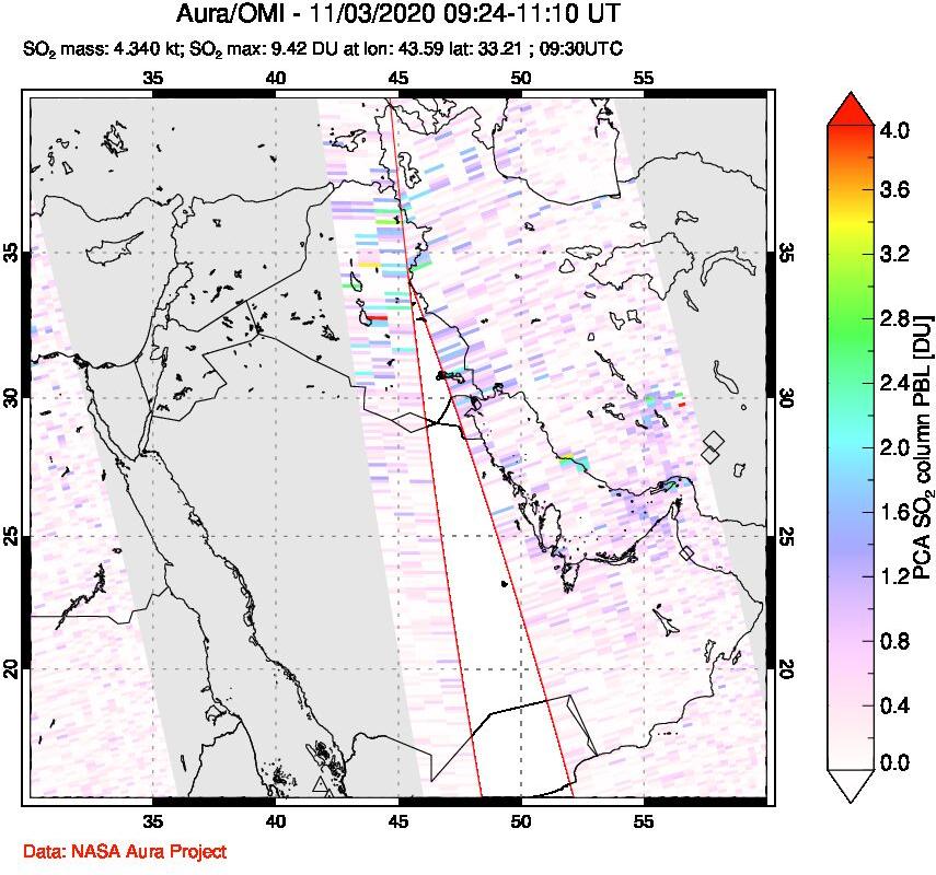 A sulfur dioxide image over Middle East on Nov 03, 2020.