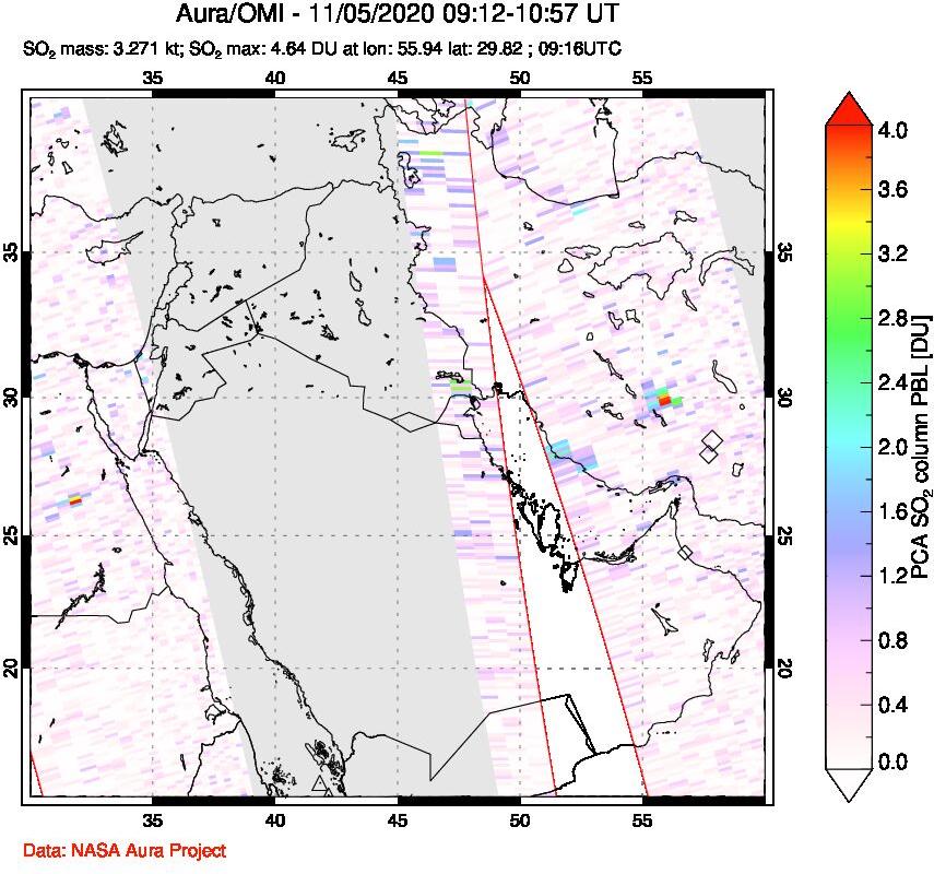 A sulfur dioxide image over Middle East on Nov 05, 2020.