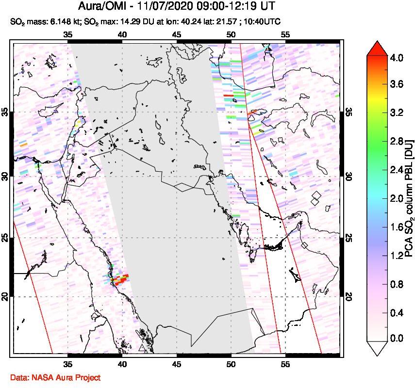 A sulfur dioxide image over Middle East on Nov 07, 2020.