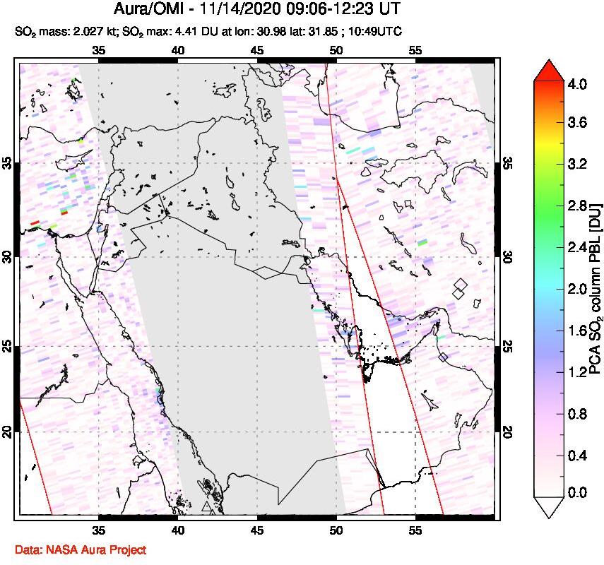 A sulfur dioxide image over Middle East on Nov 14, 2020.