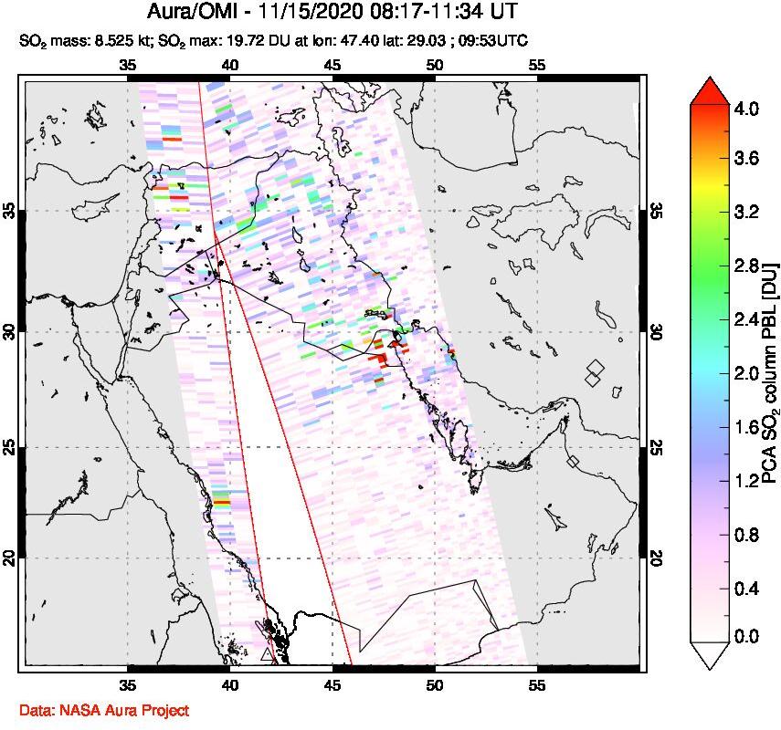 A sulfur dioxide image over Middle East on Nov 15, 2020.