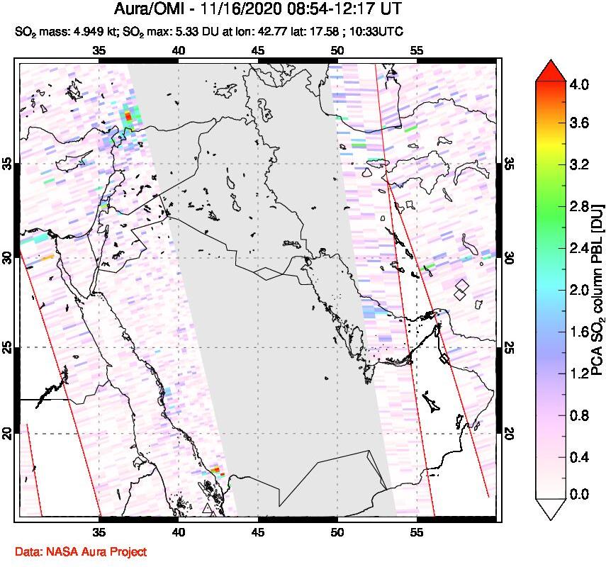A sulfur dioxide image over Middle East on Nov 16, 2020.