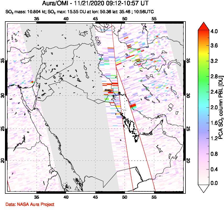 A sulfur dioxide image over Middle East on Nov 21, 2020.