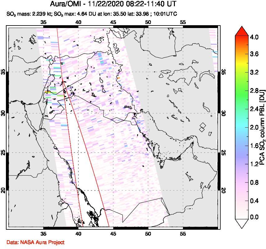 A sulfur dioxide image over Middle East on Nov 22, 2020.