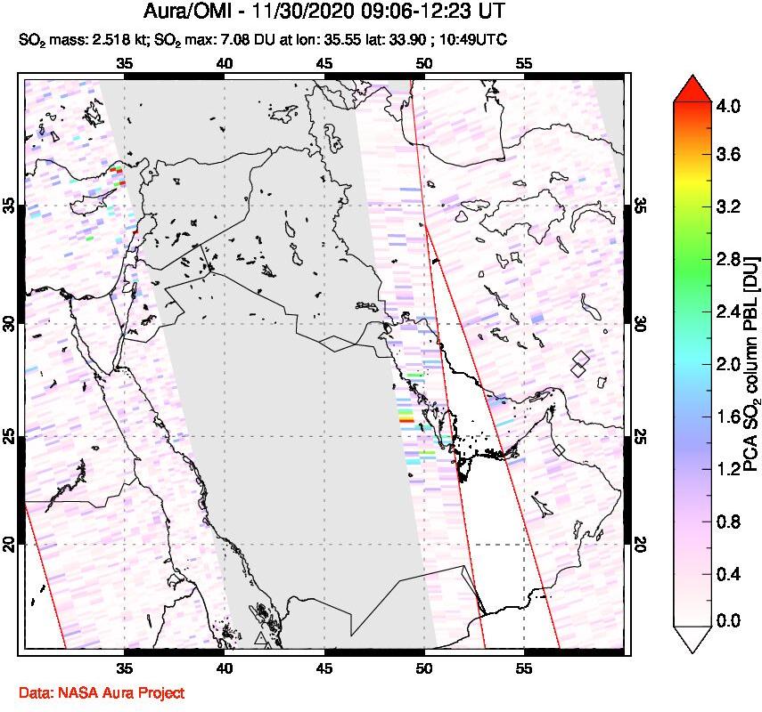 A sulfur dioxide image over Middle East on Nov 30, 2020.