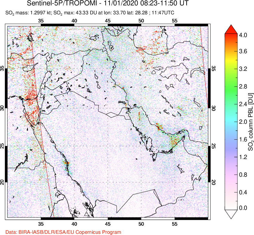 A sulfur dioxide image over Middle East on Nov 01, 2020.