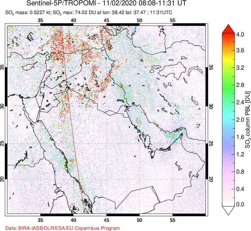 A sulfur dioxide image over Middle East on Nov 02, 2020.