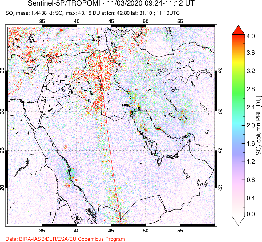 A sulfur dioxide image over Middle East on Nov 03, 2020.
