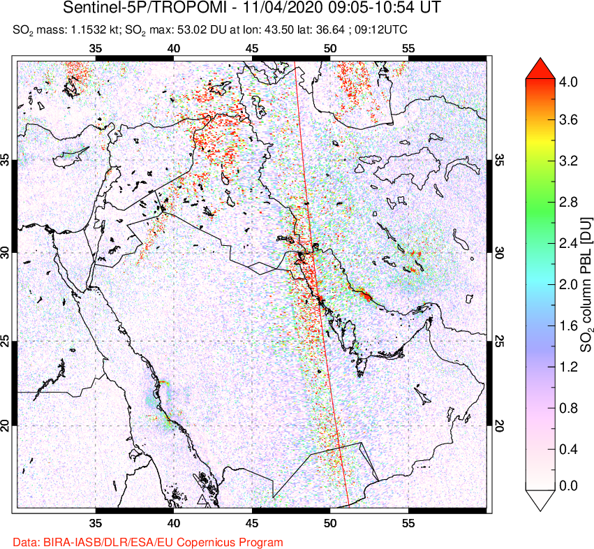 A sulfur dioxide image over Middle East on Nov 04, 2020.