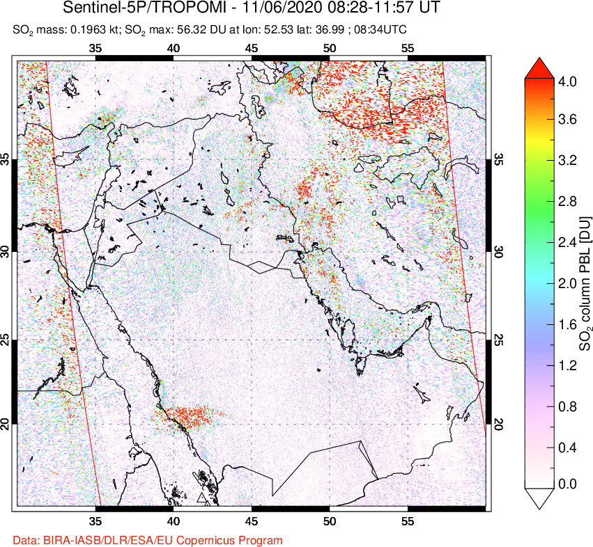 A sulfur dioxide image over Middle East on Nov 06, 2020.