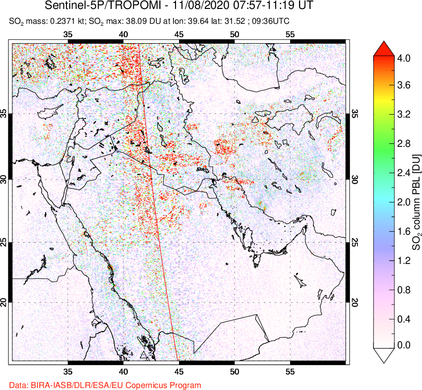 A sulfur dioxide image over Middle East on Nov 08, 2020.