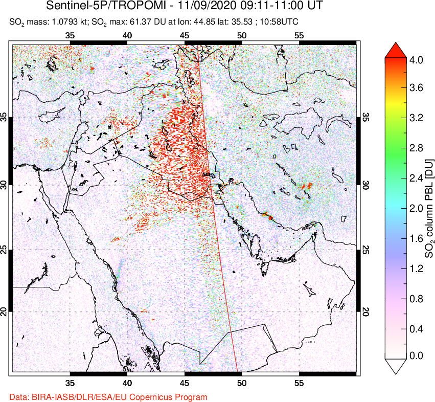 A sulfur dioxide image over Middle East on Nov 09, 2020.