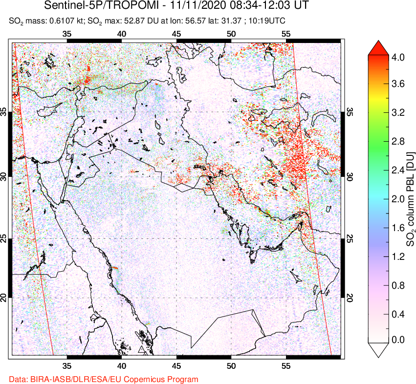 A sulfur dioxide image over Middle East on Nov 11, 2020.