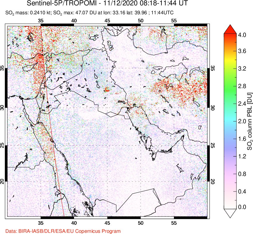A sulfur dioxide image over Middle East on Nov 12, 2020.
