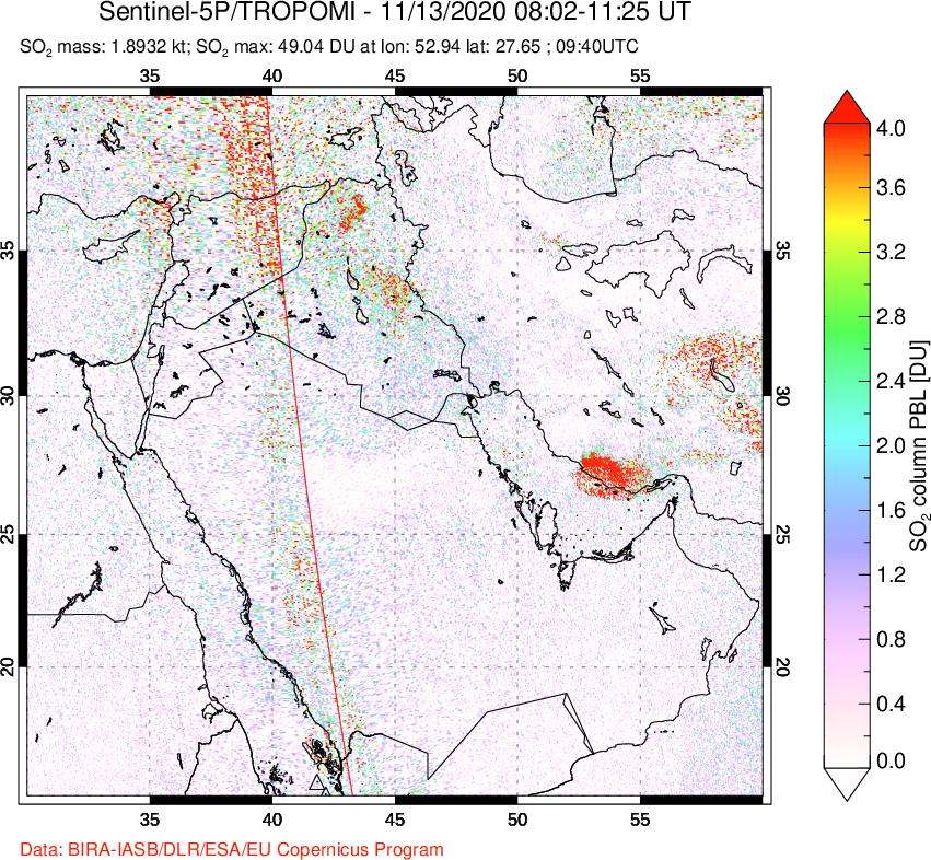 A sulfur dioxide image over Middle East on Nov 13, 2020.