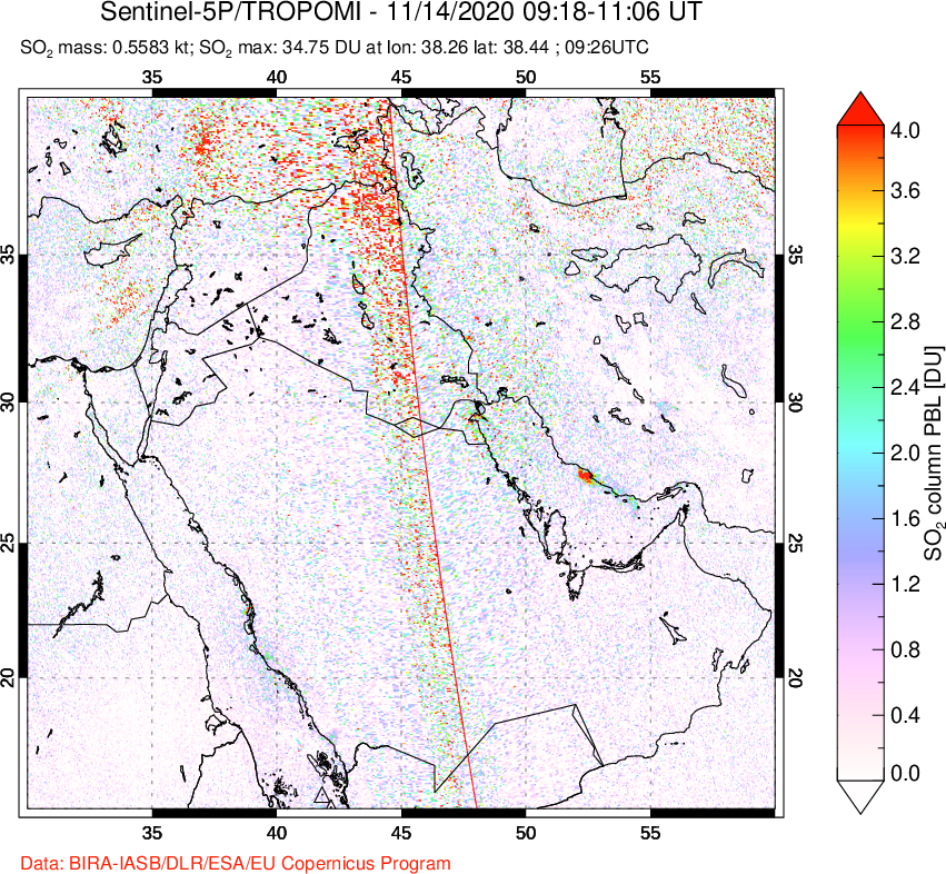 A sulfur dioxide image over Middle East on Nov 14, 2020.