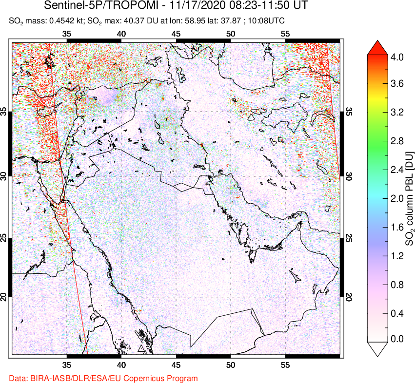 A sulfur dioxide image over Middle East on Nov 17, 2020.