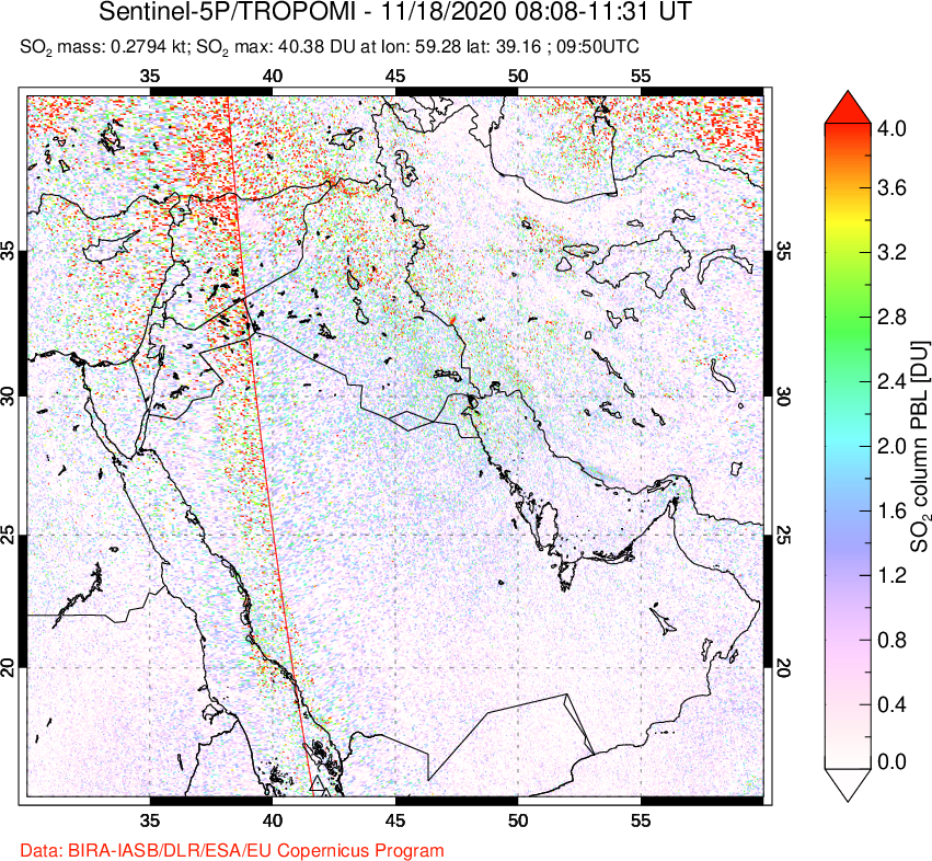 A sulfur dioxide image over Middle East on Nov 18, 2020.