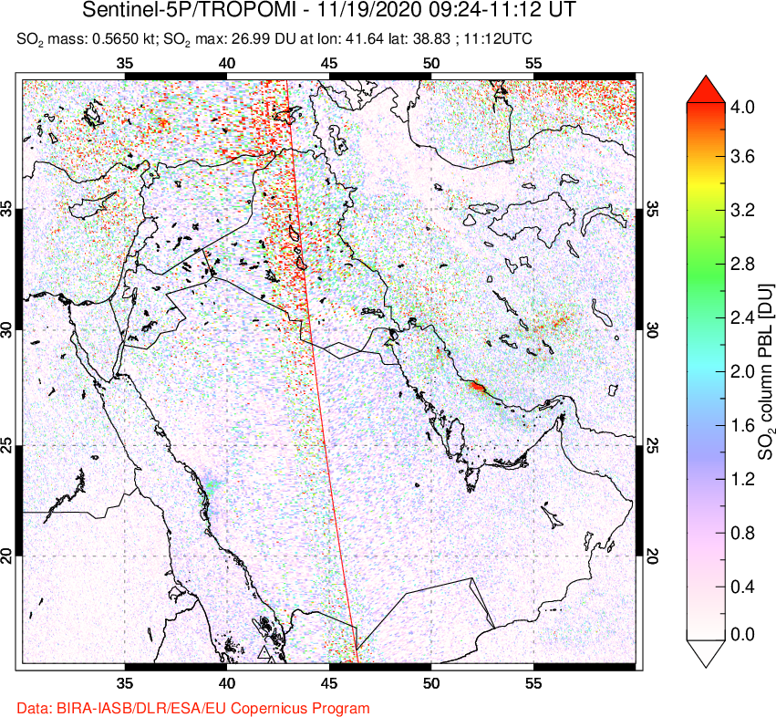A sulfur dioxide image over Middle East on Nov 19, 2020.