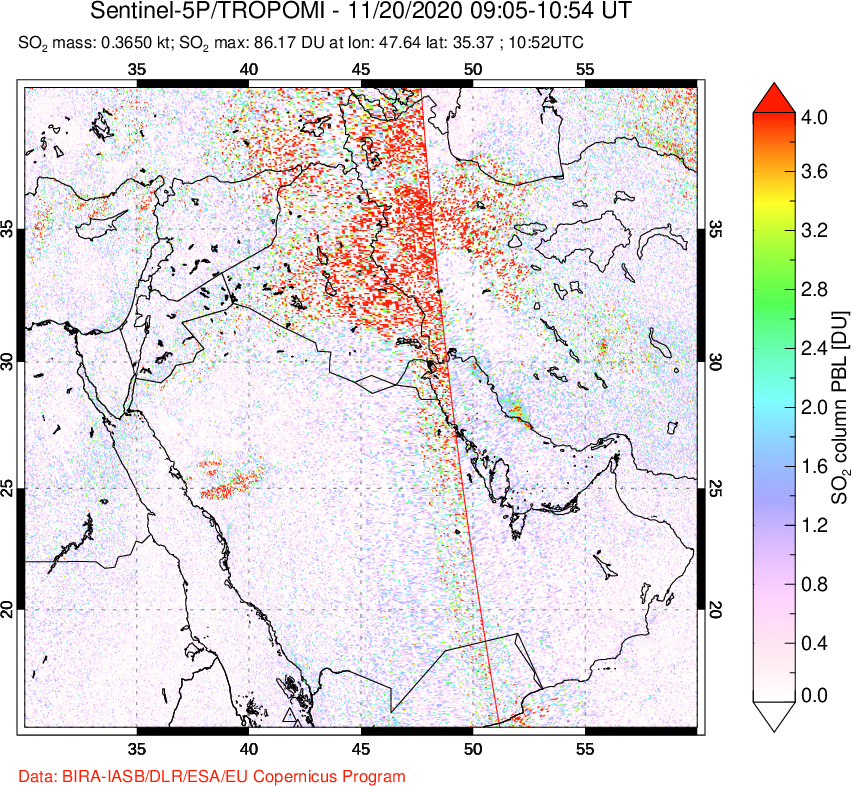 A sulfur dioxide image over Middle East on Nov 20, 2020.