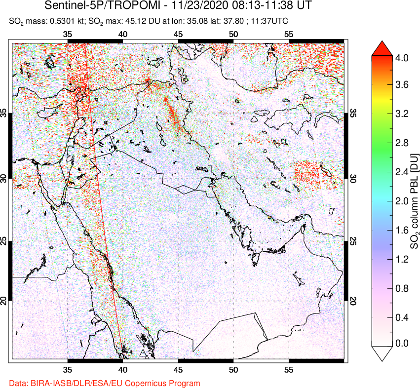A sulfur dioxide image over Middle East on Nov 23, 2020.