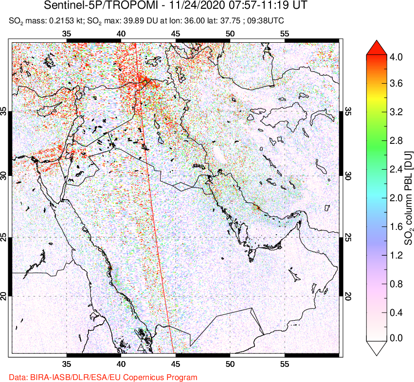 A sulfur dioxide image over Middle East on Nov 24, 2020.