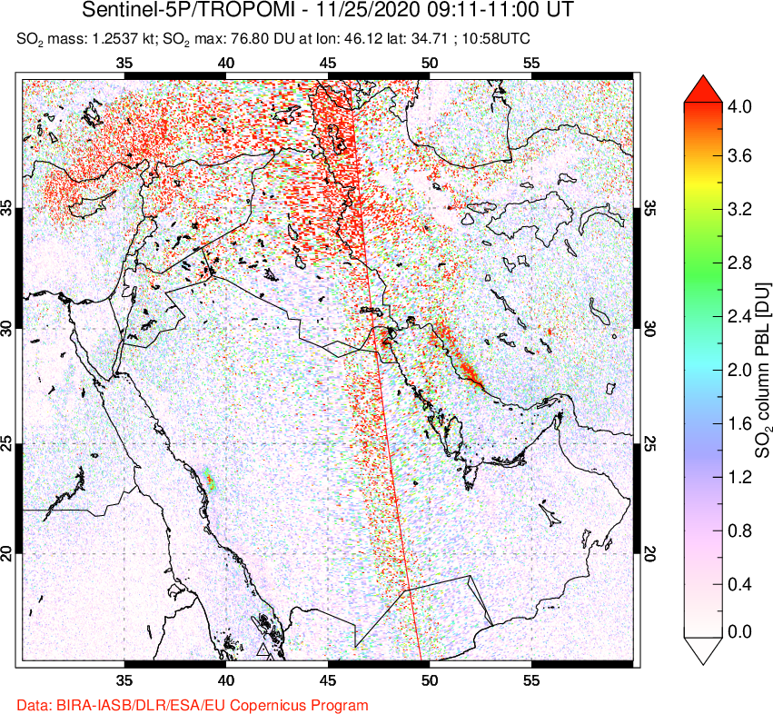 A sulfur dioxide image over Middle East on Nov 25, 2020.