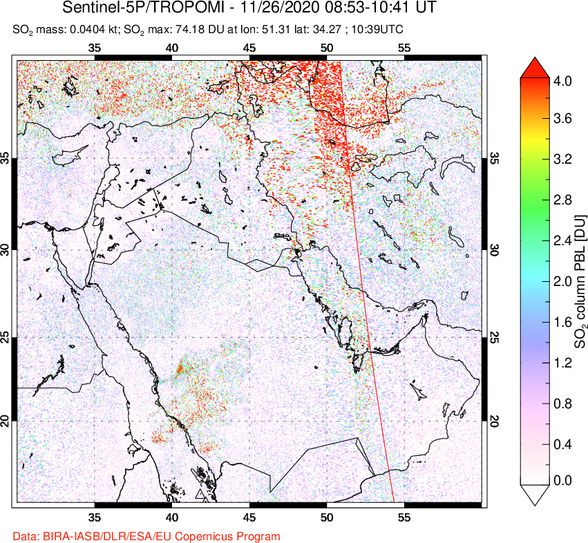 A sulfur dioxide image over Middle East on Nov 26, 2020.