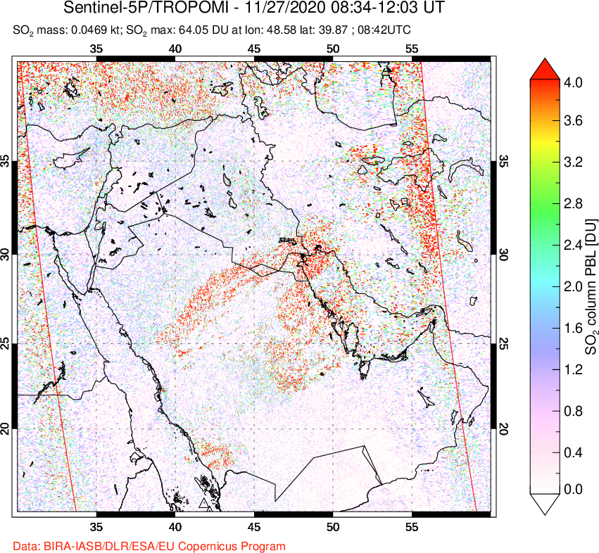 A sulfur dioxide image over Middle East on Nov 27, 2020.