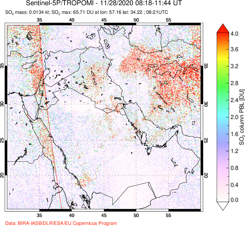 A sulfur dioxide image over Middle East on Nov 28, 2020.
