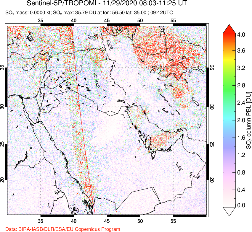 A sulfur dioxide image over Middle East on Nov 29, 2020.