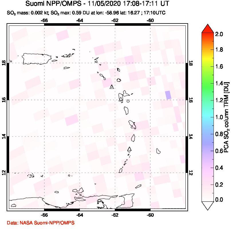 A sulfur dioxide image over Montserrat, West Indies on Nov 05, 2020.