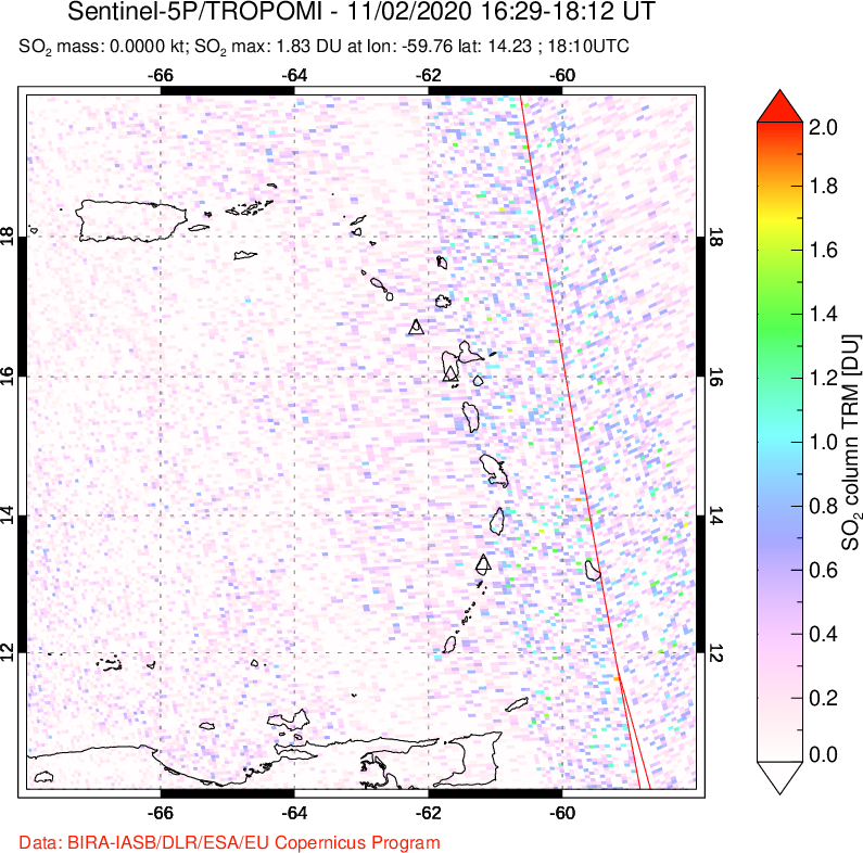 A sulfur dioxide image over Montserrat, West Indies on Nov 02, 2020.