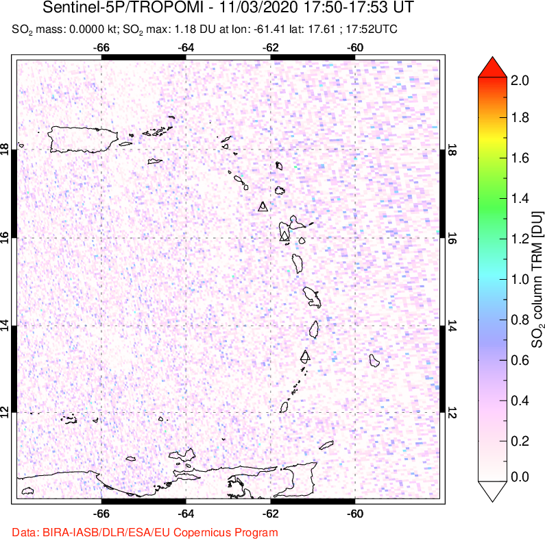 A sulfur dioxide image over Montserrat, West Indies on Nov 03, 2020.