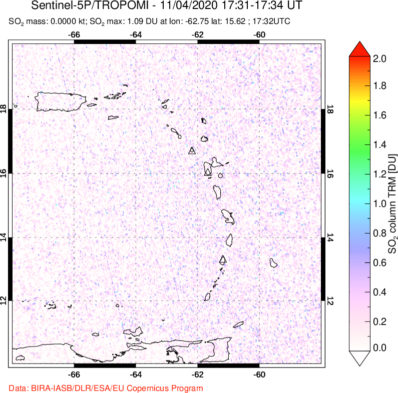 A sulfur dioxide image over Montserrat, West Indies on Nov 04, 2020.